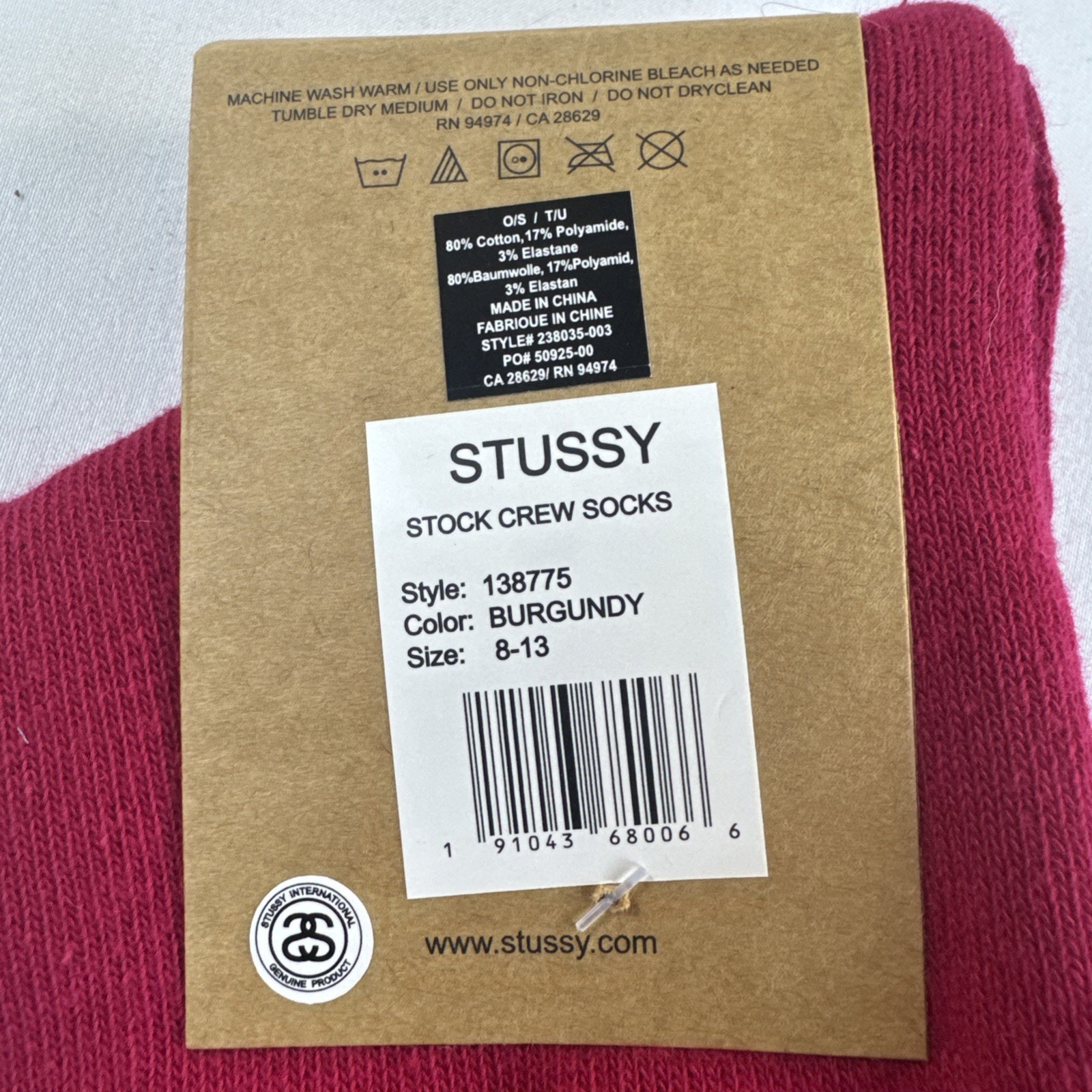 Stussy Stock Logo Crew Socks Burgundy/Blue Size 8-13 1 Pair Mpn 138775 — image 2 of 3